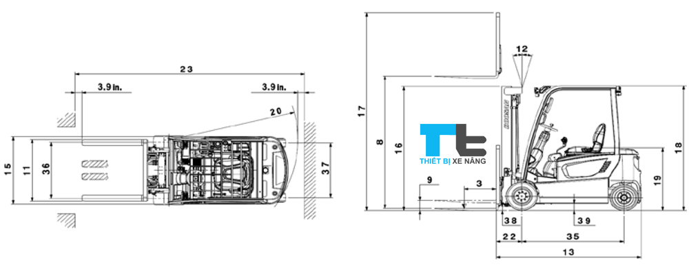 Hình vẽ tổng thể xe nâng điện 1.6 tấn 4 bánh ngồi lái Doosan